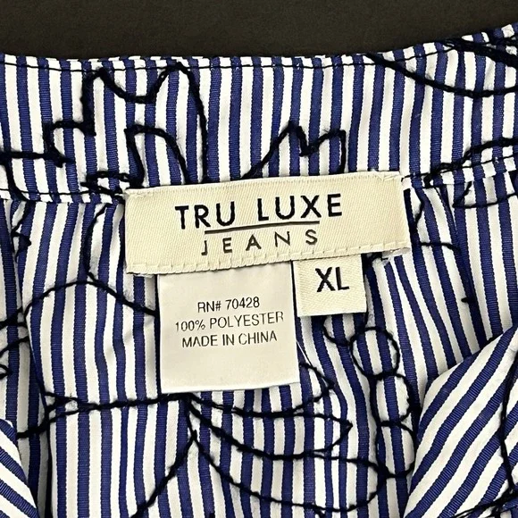 Tru Luxe Jeans XL Top Striped Floral Embroidered Pullover Boho-Chic Blouse - Picture 11 of 14
